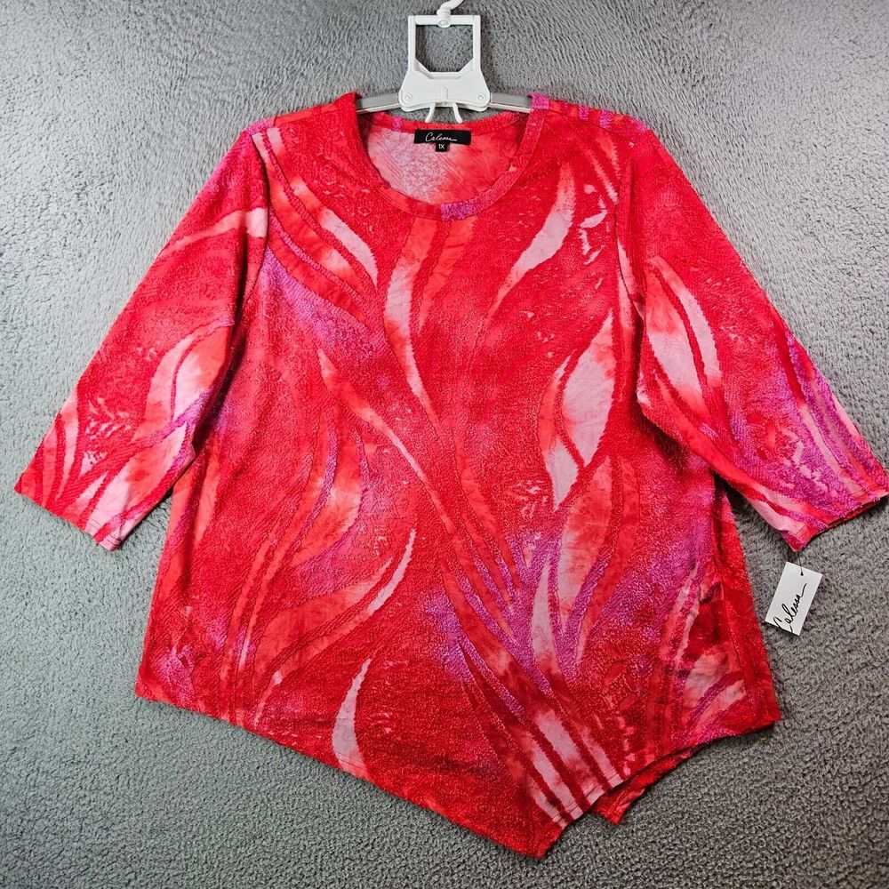 NWT Calessa 1X Top Blouse Women Leaf Textured Red Tone Stretch NEW